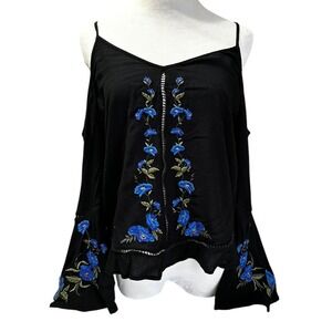 American Eagle Black Floral Embroidered Cold Shoulder Bell Sleeve Boho Top Small